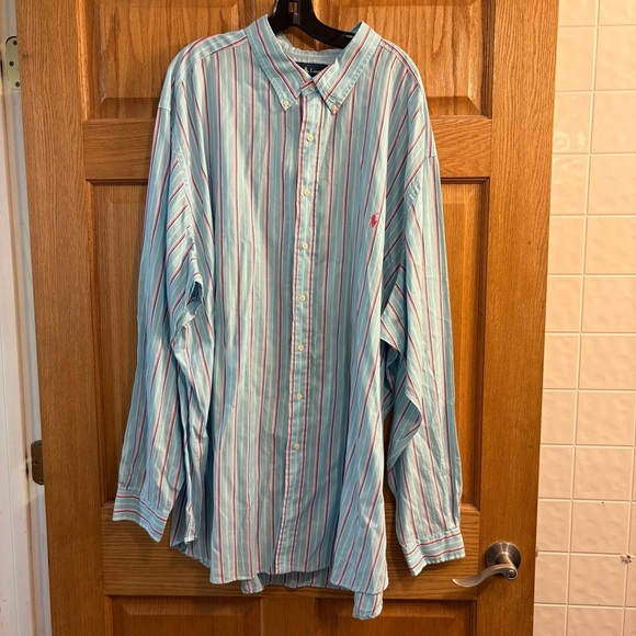 Ralph Lauren Shirt Mens 4XLT Teal Pink Blue Stripe Pony Cotton Button Up Preppy - Picture 1 of 4